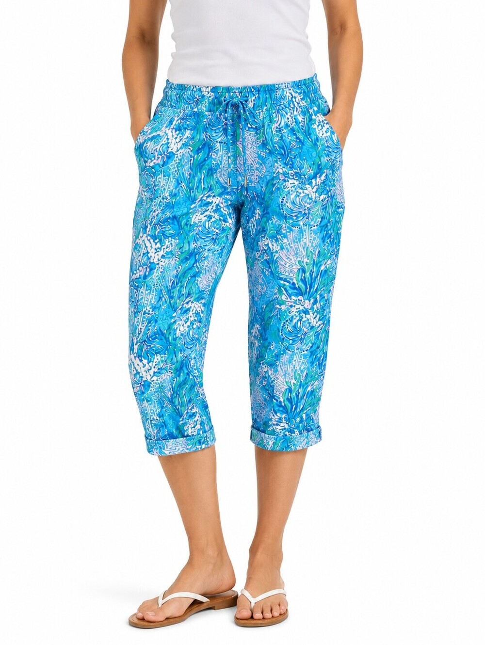 Lilly Pulitzer Tropical Turquoise Print 100% Linen Cropped Pants - Size M
